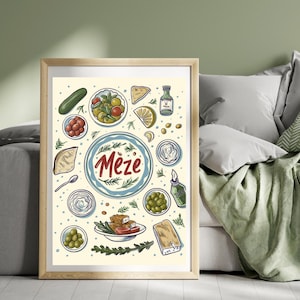 Meze Platter Poster Print Greece Travel Poster Chips Print Greek Horiatiki Food Wall Art Poster Greek Cuisine Print Art Illustration Print