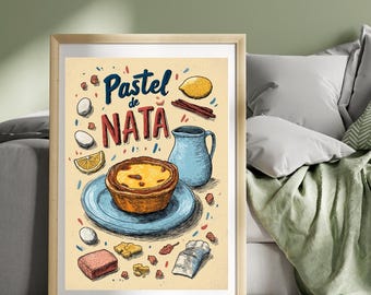 Pastel de Nata-poster Portugal reseaffisch vaniljsås-tårta-tryck Europeisk semestertryck konstillustration
