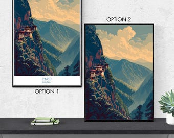 Paro Bhutan Poster, Himalayan Wall Art, Paro Valley Landscape Print, Bhutan Travel Decor, Taktsang Palphug, Tiger’s Nest