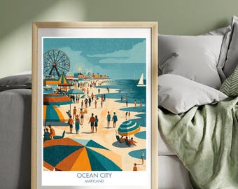 Póster de Ocean City, Maryland. Impresión de Ocean City, Maryland. Ilustración de arte de pared.