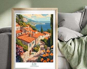 Eze France Travel Poster French Riviera Wall Art Landscape Art Illustration Print