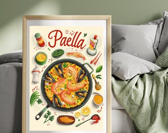 Paella Poster Seafood Paella Spain Travel Poster Paella de Marisco Food Print Spanish Food Cuisine Art Illustration