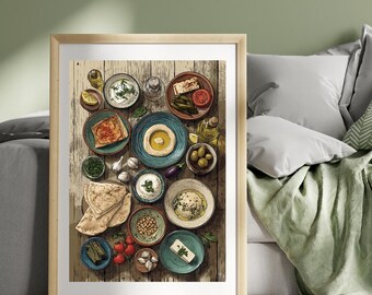 Meze Platter Poster Print Greece Travel Poster Chips Print Greek Horiatiki Food Wall Art Poster Greek Cuisine Print Art Illustration Print