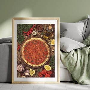 May include: Framed print featuring a pizza with a vibrant red sauce base, complemented by fresh ingredients such as tomatoes, lemons, and herbs. The artwork also includes olive oil and spices, creating a rustic food illustration.