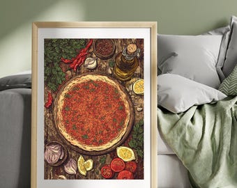 Lahmacun Poster – Turkish Flatbread Kitchen Wall Art, Middle Eastern Street Food Illustration, Pizza, Mediterranean Cuisine Food Print
