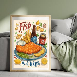 Fish and Chips Poster Englisches Lebensmittel Druck Großbritannien Reiseplakat Britische Küche Druck Essen Wandkunst UK Küche Druckkunst