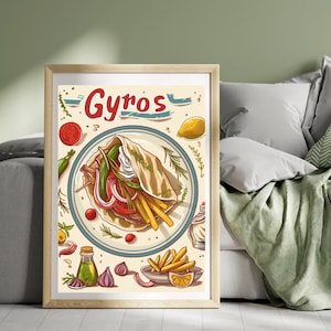 Gyros Poster Print Greece Travel Poster Chips Print Greek Horiatiki Food Wall Art Poster Greek Cuisine Print Art Illustration Print