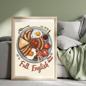 Full English Frühstück Poster Englisches Essen Druck Großbritannien Reiseplakat Britische Küche Druck Essen Wandkunst UK Küche Druckkunst