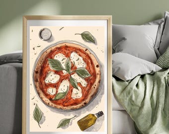Impresión de pizza napolitana Póster de viaje de Nápoles Póster de pizza Impresión de comida italiana Ilustración de arte gastronómico de Italia