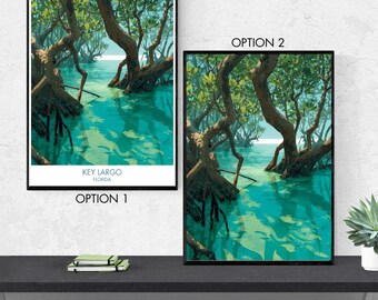 Key Largo Poster – Florida Keys Coastal Wall Art, Mangroves, Tropical Island Landscape Illustration