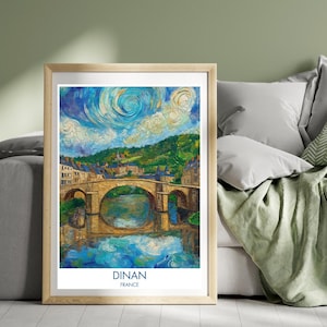 Cartaz de viagem Dinan França Ponte do Rio Bretanha Ruas medievais Cidade Velha Arte de parede Paisagem Arte Ilustração Impressão