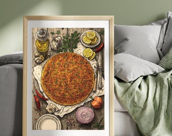 Lahmacun Poster – Turkish Flatbread Kitchen Wall Art, Middle Eastern Street Food Illustration, Pizza, Mediterranean Cuisine Food Print