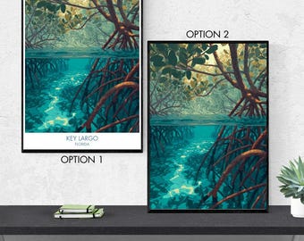 Key Largo Poster – Florida Keys Coastal Wall Art, Mangroves, Tropical Island Landscape Illustration