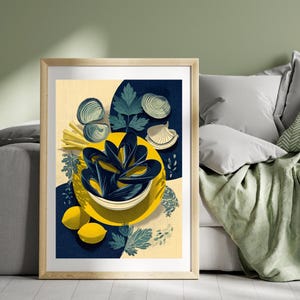 May include: A framed art print featuring a still life of seafood. The artwork depicts mussels in a bowl, clams, lemons, and parsley on a yellow plate against a navy blue and cream background. The print is in a wooden frame.