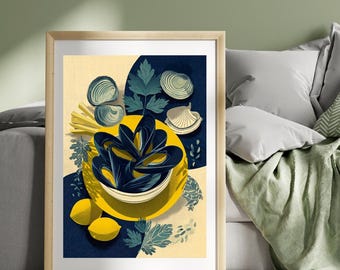 Moules-Frites Poster – French Bistro Wall Art, Mussels & Fries Culinary Illustration, Coastal Cuisine Kitchen Decor, Foodie Art Print