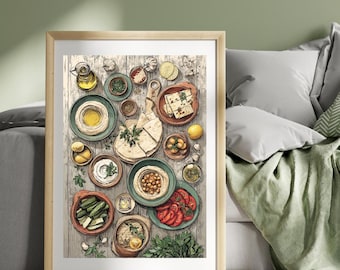 Meze Platter Poster Print Greece Travel Poster Chips Print Greek Horiatiki Food Wall Art Poster Greek Cuisine Print Art Illustration Print