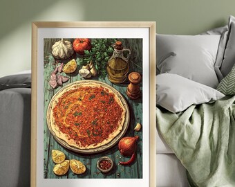 Lahmacun Poster – Turkish Flatbread Kitchen Wall Art, Middle Eastern Street Food Illustration, Pizza, Mediterranean Cuisine Food Print
