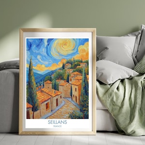 Seillans Frankreich Reise Van Gogh Stil Poster Antike Straßen Altstadt Wandkunst Landschaft Kunst Illustration Druck