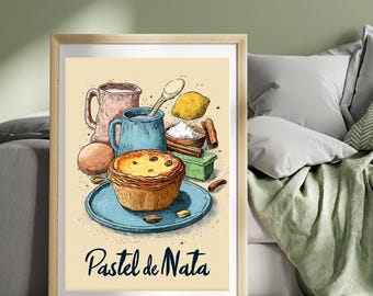 Pastel de Nata-poster Portugal reseaffisch vaniljsås-tårta-tryck Europeisk semestertryck konstillustration