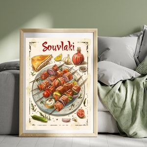 Souvlaki Poster Print Greece Travel Poster Chips Print Greek Horiatiki Food Wall Art Poster Greek Cuisine Print Art Illustration Print
