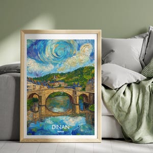 Cartaz de viagem Dinan França Ponte do Rio Bretanha Ruas medievais Cidade Velha Arte de parede Paisagem Arte Ilustração Impressão