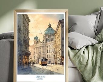 Affiche Vienne Autriche - art mural voyage en Europe, impression d'architecture historique, illustration de paysage urbain, monuments autrichiens, Vienne vintage