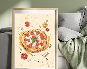 Lámina de pizza napolitana de pepperoni, póster de viaje a Nápoles, lámina de comida italiana, ilustración artística de Italia