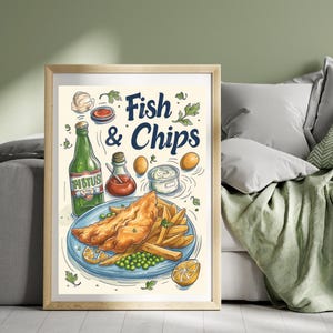 Fish and Chips Poster Englisches Lebensmittel Druck Großbritannien Reiseplakat Britische Küche Druck Essen Wandkunst UK Küche Druckkunst