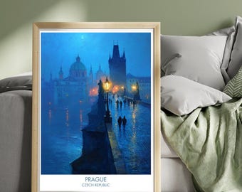 Prague Czech Republic Poster – Old Town & Charles Bridge Wall Art, European Cityscape Print, Historic Architecture Praha Travel Illustration