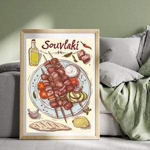 Souvlaki Poster Print Greece Travel Poster Chips Print Greek Horiatiki Food Wall Art Poster Greek Cuisine Print Art Illustration Print