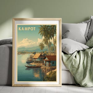Kampot Cambodia Travel Poster River Palm Trees Arcadia Poster Landscape Wall Art Illustration Kampot Print