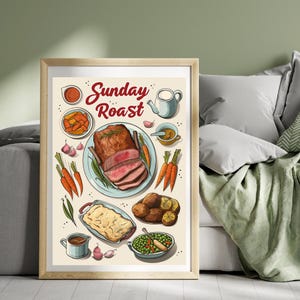 Sonntagsbraten Abendessen Poster Englisches Essen Druck Großbritannien Reiseplakat Roastbeef Britische Küche Druck Essen Wandkunst UK Küche Druckkunst