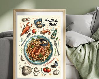 Spaghetti Frutti di Mare Poster Travel Print Seafood Spaghetti Poster Pasta Poster Italian Food Print Italy Food Art Illustration