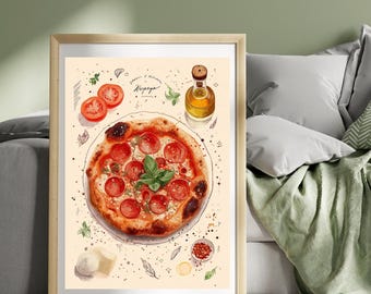 Lámina de pizza napolitana de pepperoni, póster de viaje a Nápoles, lámina de comida italiana, ilustración artística de Italia