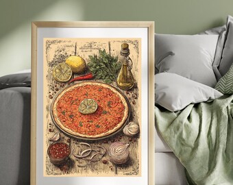 Lahmacun Poster – Turkish Flatbread Kitchen Wall Art, Middle Eastern Street Food Illustration, Pizza, Mediterranean Cuisine Food Print