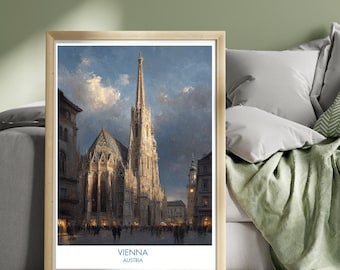 Affiche Vienne Autriche - art mural voyage en Europe, impression d'architecture historique, illustration de paysage urbain, monuments autrichiens, Vienne vintage