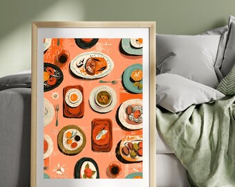 Meze Platter Poster Print Greece Travel Poster Chips Print Greek Horiatiki Food Wall Art Poster Greek Cuisine Print Art Illustration Print