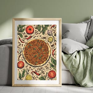 Lahmacun Poster – Turkish Flatbread Kitchen Wall Art, Middle Eastern Street Food Illustration, Pizza, Mediterranean Cuisine Food Print