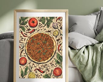 Lahmacun Poster – Turkish Flatbread Kitchen Wall Art, Middle Eastern Street Food Illustration, Pizza, Mediterranean Cuisine Food Print