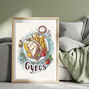 Gyros Poster Print Greece Travel Poster Chips Print Greek Horiatiki Food Wall Art Poster Greek Cuisine Print Art Illustration Print