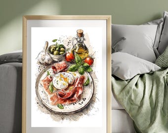 Antipasti Poster, Burrata Prosciutto & Olives, Italian Food Wall Art, Mediterranean Kitchen Decor, Italian Cuisine Artwork