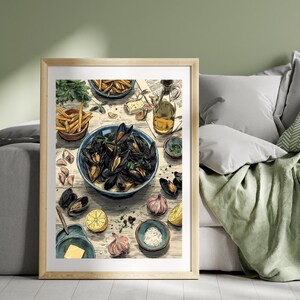 May include: A framed illustration of a seafood meal. A large blue bowl of mussels is the focal point, surrounded by bowls of fries, garlic, lemons, and small dishes of condiments. A bottle of oil and butter are also present.