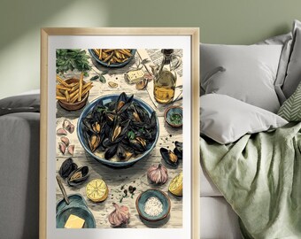 Moules-Frites Poster – French Bistro Wall Art, Mussels & Fries Culinary Illustration, Coastal Cuisine Kitchen Decor, Foodie Art Print
