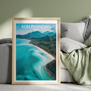 Koh Phangan Beach Thailand Travel Poster Aerial Crystal Clear Ocean Water Landscape Wall Art Illustration Print