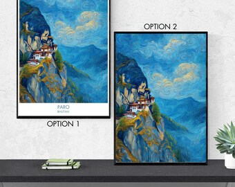 Paro Bhutan Poster, Himalayan Wall Art, Paro Valley Landscape Print, Bhutan Travel Decor, Taktsang Palphug, Tiger’s Nest