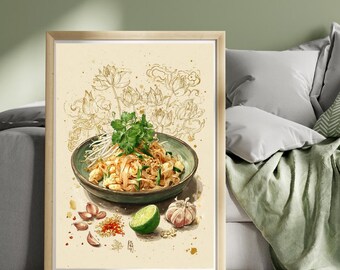 Pad Thai Poster – Thai Street Food Kitchen Art Print, Traditional Pad Thai Recipe Wall Decor, Asian Cuisine Illustration, Chef Gift