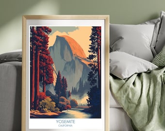 May include: A framed art print featuring a stylized landscape of Yosemite National Park. The artwork depicts a mountain with an orange-hued peak, a river, and trees in shades of red, green, and blue. The text "YOSEMITE CALIFORNIA" is at the bottom.