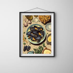 May include: A framed print of a culinary still life featuring a plate of mussels, fries, garlic, lemon, and herbs. The mussels are in a blue plate, and the fries are in a small wooden bowl. The artwork has a warm, inviting color palette.