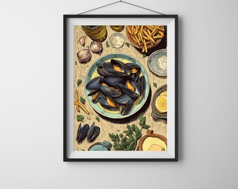 Moules-Frites Poster – French Bistro Wall Art, Mussels & Fries Culinary Illustration, Coastal Cuisine Kitchen Decor, Foodie Art Print