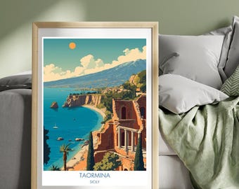 Taormina Italy Travel Poster Sicily Poster Teatro Antico di Taormina Print Italian Wall Art Landscape Art Illustration Print